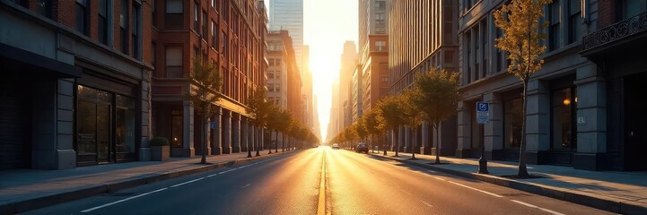Obraz premium Empty city street bathed in sunlight, buildings stand tall and silent, a feeling of stillness and solitude in the urban landscape , daytime, calm