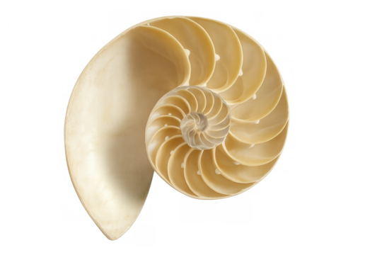 Nautilus shell cross-section revealing natural spiral pattern and fibonacci sequence, golden ratio in nature, transparent background