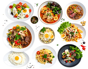 A diverse collection of dishes including salads, pasta, rice, and meat served on various plates with fresh ingredients and garnishes