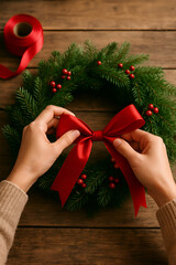 Hands decorating Christmas wreath with red ribbon