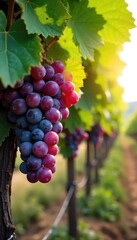Luscious ripe grapes hanging heavy on a mature grapevine, ready for harvest Sunlight filters through the leaves, illuminating the vibrant fruit A picturesque vineyard scene , natural, rural