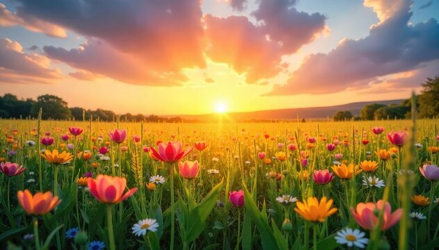 Joyful sunrise over a field of wildflowers, symbolizing rebirth and new beginnings Perfect for Easter, spring, or renewal themes A hopeful and uplifting image , pastoral, meadow, hope