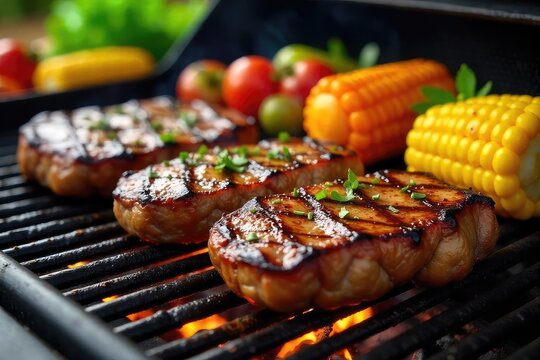 Juicy grilled steaks sizzling on a hot grill, alongside vibrant vegetables and seasoned corn on the cob Perfect summer meal , charcoal, summer, cooked food