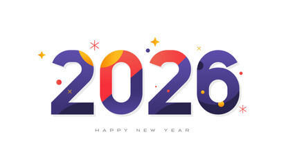 Colorful Happy New Year 2026 banner; a modern and playful typography design with vibrant abstract shapes for a New Year's Eve party