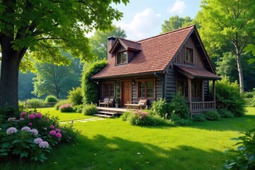 Obraz premium Rustic summer house nestled amongst lush greenery, perfect for a peaceful getaway Enjoy the tranquility of nature's embrace in this charming retreat , nature, shadow, balcony