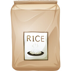 Brown Paper Bag of Rice with Steaming Grains on a White Label Isolated on Transparent Background