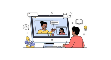 Connect virtually with distance learning using this modern illustration, perfect for online education, remote classrooms, and digital training programs