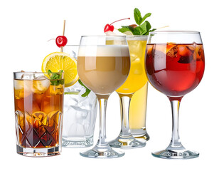 A variety of colorful cocktails and beverages displayed in different glassware with garnishes and ice cubes