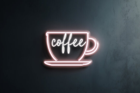 "Coffee" Neon Sign: Glowing Pink Cup and White Script Text on a Dark Concrete Wall - Café and Bar Concept - Powered by Adobe