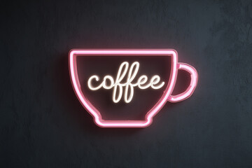 "Coffee" Neon Sign: Glowing Pink Cup and White Script Text on a Dark Concrete Wall - Café and Bar Concept