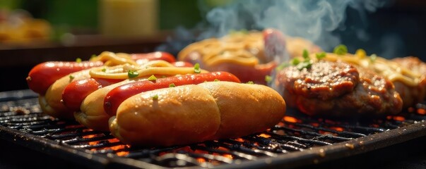 Sizzling hot dogs and juicy burgers grilling quickly on a vibrant summer day Perfect for fast food, BBQ, and summer recipes , tasty, cookout, burger