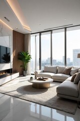 Sleek, minimalist living room bathed in natural light High-end furniture, marble accents, and panoramic city views define ultimate modern luxury , building, relaxing