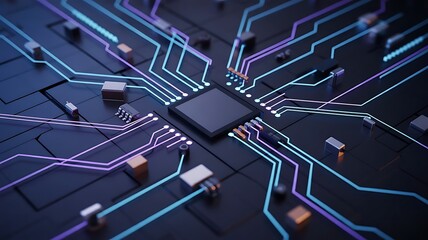 Technology theme with circuit board and processor chip modern computer science design integrated systems and connections network