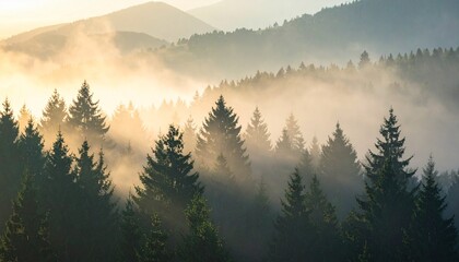 霧に包まれた山岳森林と朝焼けの幻想的な風景