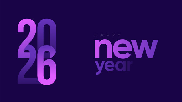 Modern Happy New Year 2026 banner; a trendy and minimalist typography design with purple and violet gradients for a 2026 tech or digital greeting.