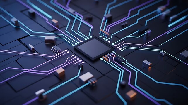 Technology theme with circuit board and processor chip modern computer science design integrated systems and connections network