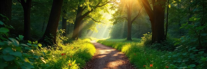 Sun-dappled path winding through a lush, ancient woodland, sunlight filtering through leaves Perfect for nature, travel, and environmental themes , forest, rich
