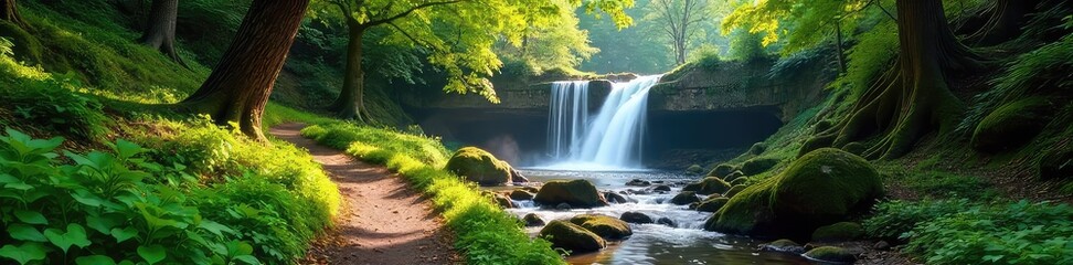 Sun-dappled forest path winds through lush greenery, leading to a serene waterfall cascading over mossy rocks Find tranquility in nature's embrace , wildlife, sunbeams