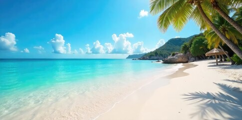 Sun-drenched beach scene with calm turquoise water lapping gently on the shore, fine white sand, and a clear blue sky Perfect for travel, vacation, or summer themed projects , escape, getaway, warm