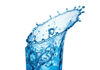 dynamic structure of vibrant electric blue liquid captured mid-air with perfect surface tension, detailed micro-droplets, and bubbles on a transparent background. concept for purity and freshness