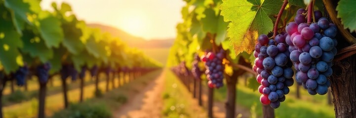 Sun-drenched rows of ripening grapes hanging heavy on the vine, ready for harvest at a picturesque winery Lush green foliage frames the vibrant fruit , grapes, landscape, row