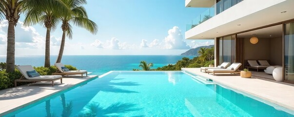 Sun-drenched geometric pool with clean lines and vibrant blue water, perfect for a relaxing getaway Modern design, minimalist aesthetic, luxury resort feel , idyllic, geometric pool, peaceful