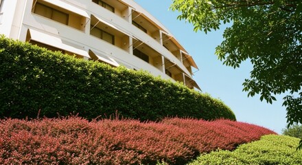 Fototapeta premium Modern residential building with awnings. Professional landscape design with colorful bushes. Urban real estate property on a sunny day. Sustainable architecture and green living