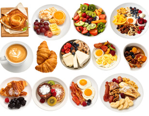 A variety of breakfast foods including pastries, fruits, eggs, yogurt, and coffee arranged on small plates and bowls