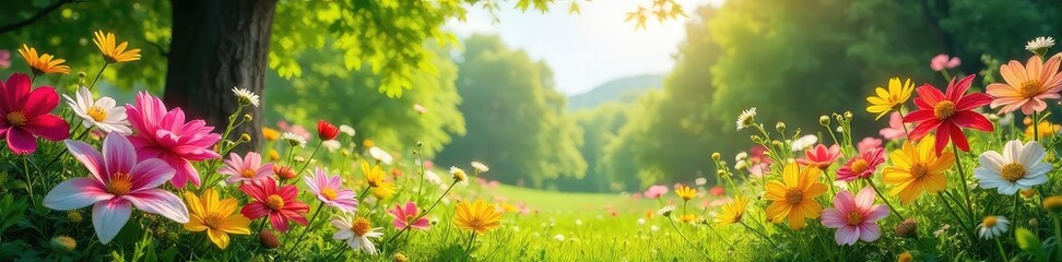 Vibrant summer scene bursting with colorful flowers, lush greenery, and bright sunshine Perfect for summer themes, travel, nature, and holiday projects , warm, vacation, botany