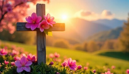 Vibrant spring blossoms adorn a rustic wooden cross, bathed in the warm glow of sunrise, symbolizing renewal and faith in the season of rebirth , growth, background, resurrection