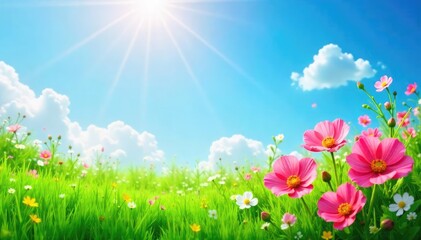 Vibrant summer scene featuring lush green grass, bright blue sky, and sun-drenched flowers in full bloom Perfect for vacation, travel, and summer themes , petal, bloom