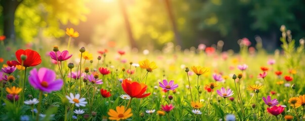 Vibrant wildflowers in full bloom, bathed in the warm sunlight of springtime  A picturesque meadow bursting with color and life, perfect for nature-themed projects ,  detail,  growth
