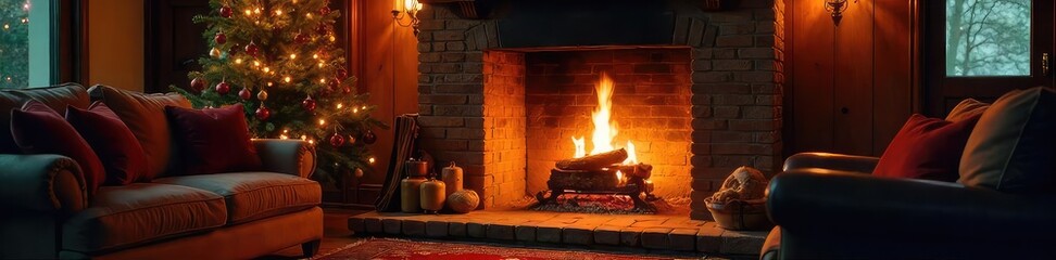 Warm, inviting hearth glowing with a comforting fire, ready to welcome guests  Cozy scene perfect for holiday or home decor themes ,  brick,  gathering