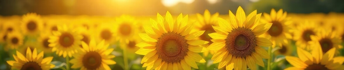 Vibrant yellow sunflowers in a summer field, bathed in golden sunlight  A picturesque scene of nature's beauty, perfect for illustrating warmth and happiness , warm, sunflowers