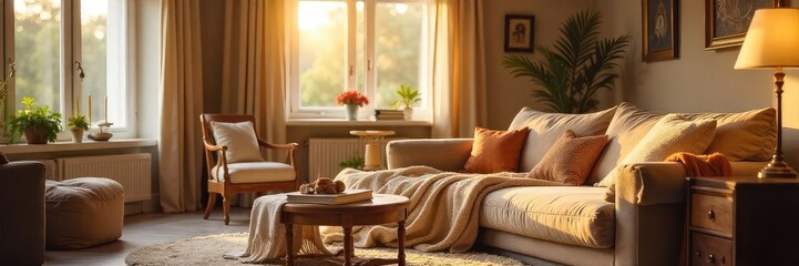 Warm, inviting interior scene featuring soft lighting, comfortable furniture, and cozy textiles Perfect for home, family, or lifestyle projects emphasizing relaxation and comfort , dwelling, comfort