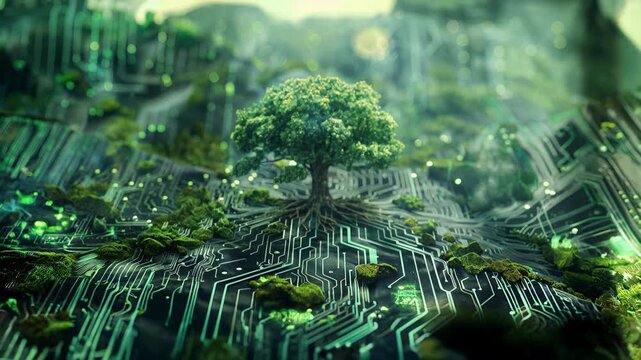 Tiny tree sprouts on a glowing circuit board, striking metaphor for green tech, innovation and regenerative design, captured with macro detail and bokeh for science explainers and tech brand spots.
