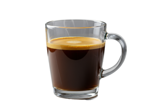 Hyper-realistic macro of strong blonde espresso in a clear glass mug, featuring rich golden crema texture and rising steam, isolated on a transparent reflective background. Commercial beverage