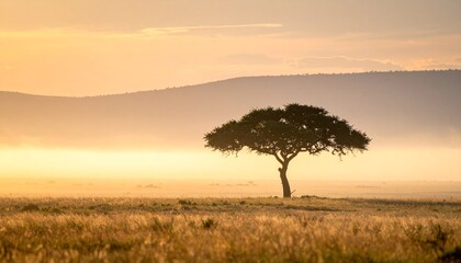 Obraz premium サバンナの朝焼けとアカシアの木 / Acacia Tree at Sunrise over African Savanna 