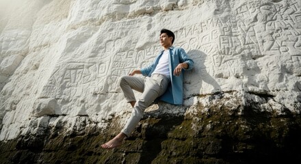 Young Asian man in casual fashion posing outdoors. Contemplative male model against a white cliff with ancient carvings. Lifestyle travel and personal discovery concept