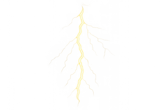 Yellow lightning bolt striking vertically, glowing electric discharge, plasma energy on transparent background