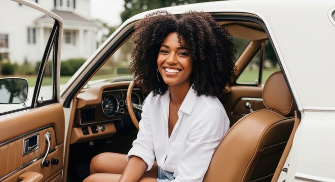 Fototapeta Confident young African female with an afro hairstyle smiling in a vintage car. Independent travel and summer road trip lifestyle. Automotive ownership and personal freedom concept