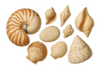 Seashells collection including nautilus, conch, scallop shells and a smooth beach stone on transparent background