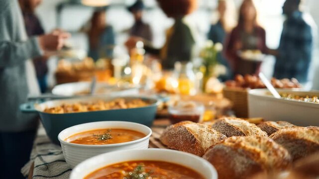 Delicious bowls of soup and crusty bread are displayed on a rustic table, ready for a shared feast. The lively atmosphere suggests a friendly gathering or festive celebration