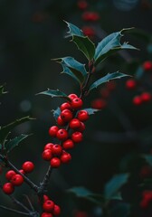 Obraz premium Detailed close-up view of fresh winter holly branch showcasing bright red fruit and spiky dark green foliage in a natural environment ,holly ,garden ,green