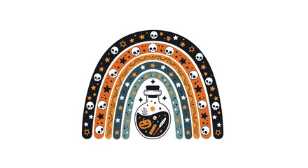 Whimsical Halloween rainbow arch decorated with skulls and stars, featuring a magical potion bottle filled with spooky elements.