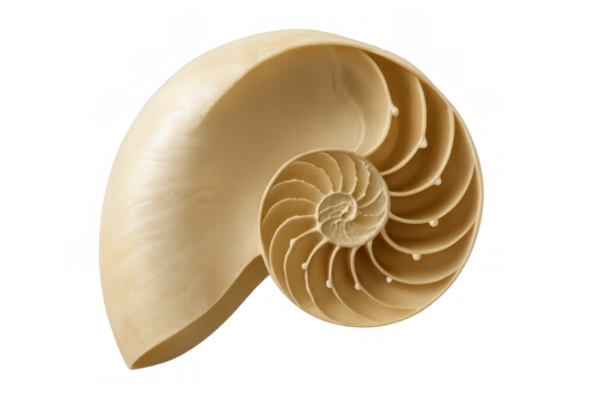 Nautilus shell showing internal spiral structure, chambers, golden ratio, and fibonacci sequence on transparent background