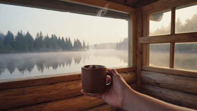 Photorealistic view from wooden cabin window with hand holding coffee cup overlooking calm lake and misty forest in soft morning light