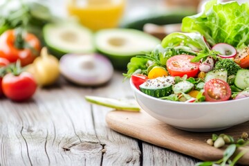 Fresh mixing bowl of healthy green salad on wooden table