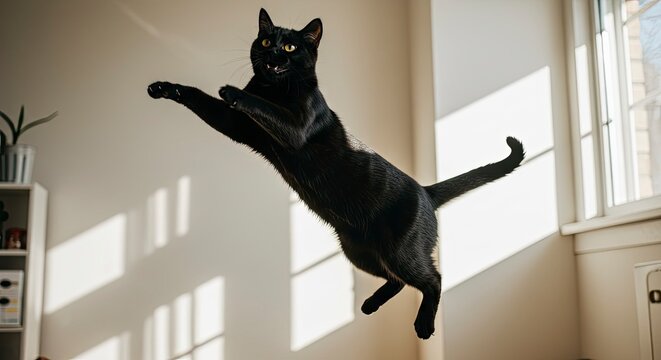 Black Cat Leaping Mid-Air with Playful Expression - Powered by Adobe