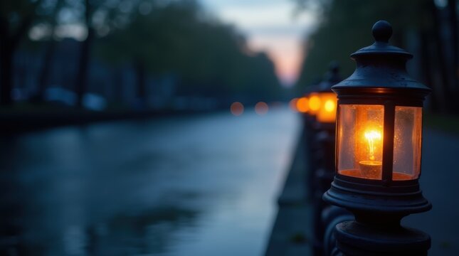 Evening lanterns by a waterway 
